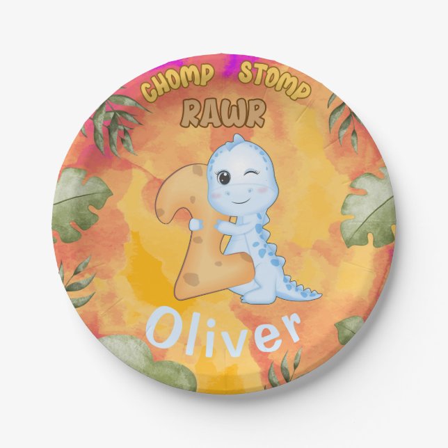 Dinosaur Stomp Chomp Rawr 2nd birthday party Paper Plate (Front)