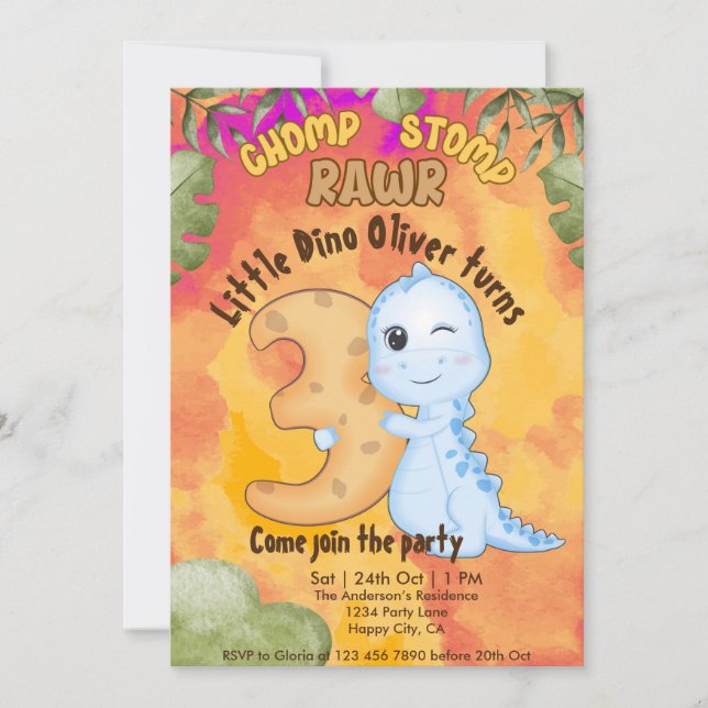 Dinosaur Stomp Chomp Rawr 3rd birthday party Invitation (Front)