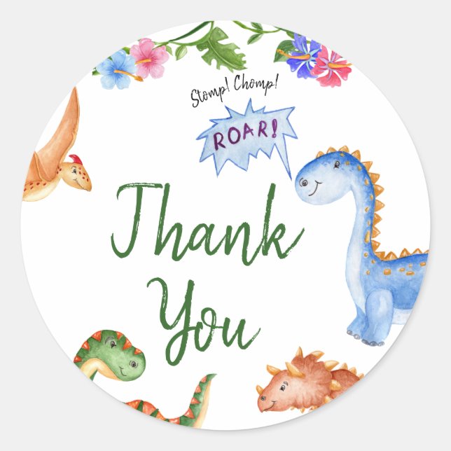 Dinosaur Stomp Chomp Rawr Birthday Party Classic Round Sticker (Front)