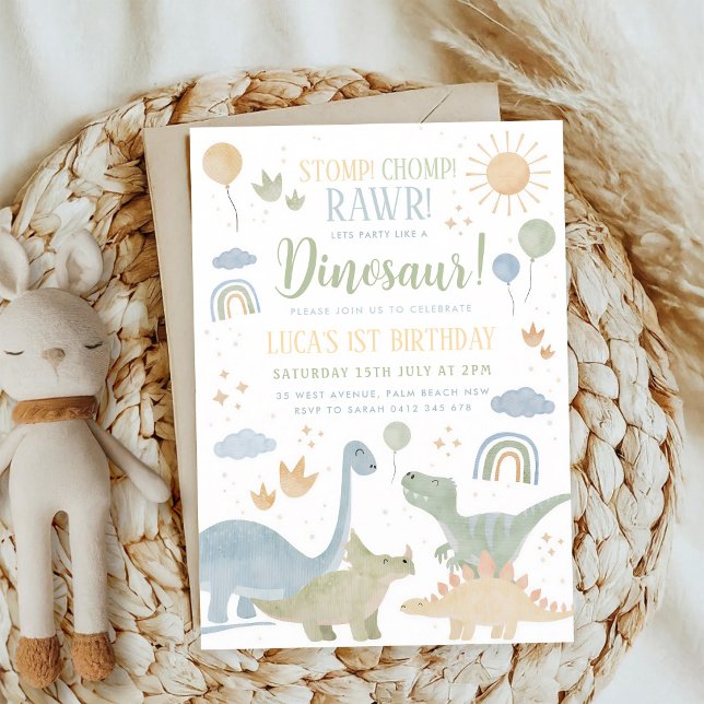 Dinosaur Stomp Chomp Rawr Boy 1st Birthday Invitation (Creator Uploaded)