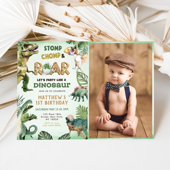 Dinosaur Stomp Chomp Roar 1st Birthday Party Photo Invitation (Creator Uploaded)