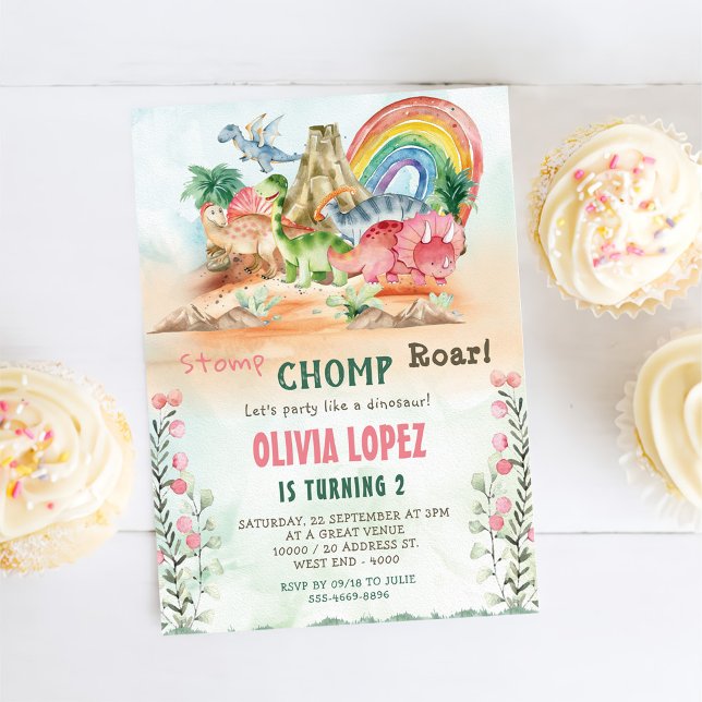 Dinosaur Stomp Chomp Roar 2nd Birthday Party Girl Invitation (Creator Uploaded)