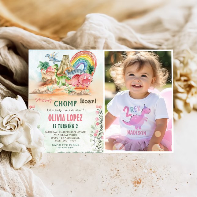 Dinosaur Stomp Chomp Roar 2nd Birthday Party Photo Invitation (Creator Uploaded)