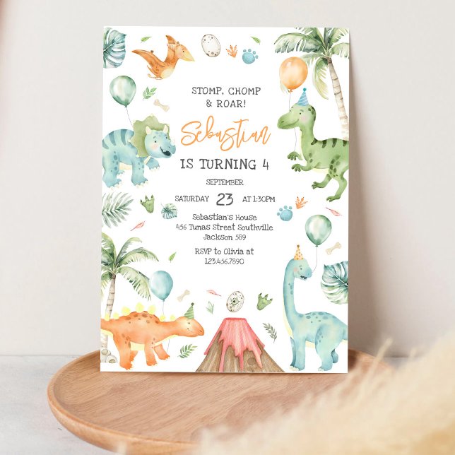 Dinosaur Stomp Chomp Roar Birthday Party Invitation (Creator Uploaded)