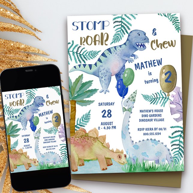 Dinosaur Stomp Roar and Chew Boys Birthday Party Invitation (2nd birthday dinosaur invitation with personalized stomp roar and chew rhyme)