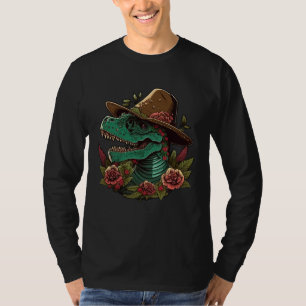 Dinosaur Sugar Skull With Sombrero Mexican Cinco d T-Shirt