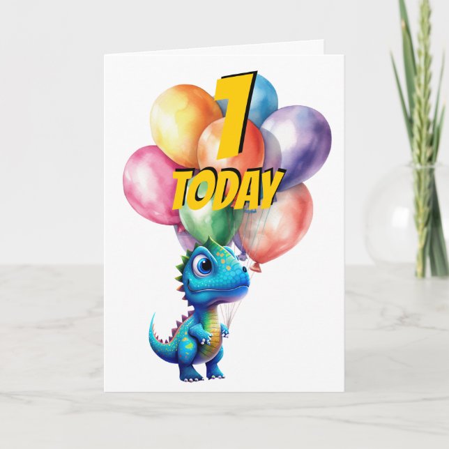 Dinosaur t Rex 1 TODAY BLUE Birthday Balloons Card (Front)