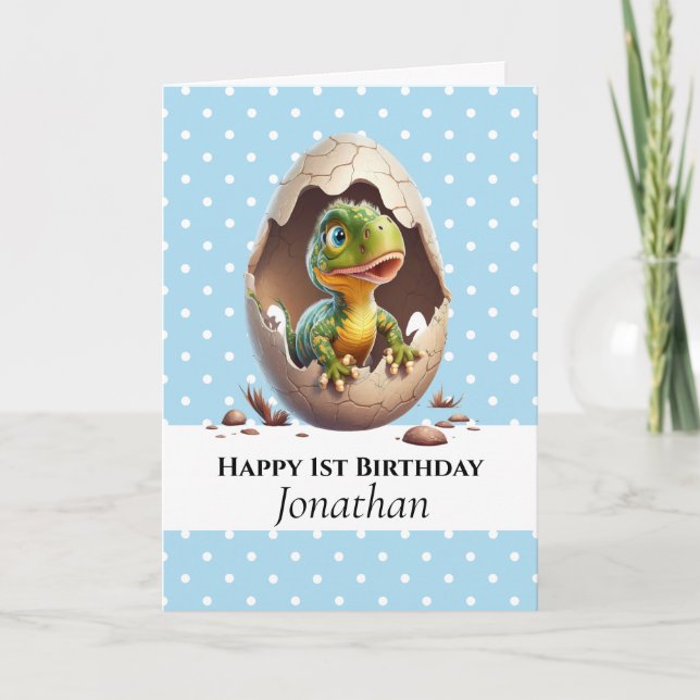 Dinosaur T Rex 1st  Birthday baby Blue Card (Front)