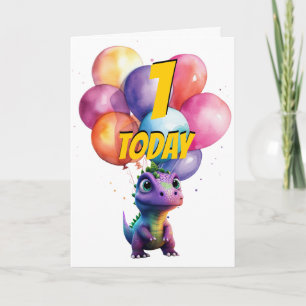 Dinosaur t Rex 1st PURPLE Birthday Balloons Card