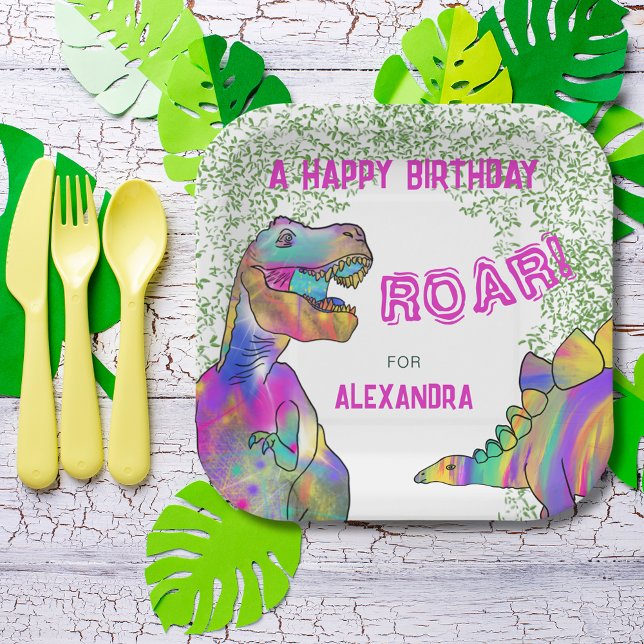 Dinosaur T-Rex Birthday Party Pink Paper Plate (Colorful dinosaur girls birthday party custom paper plates )