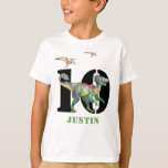 Dinosaur T Rex Birthday T-Shirt<br><div class="desc">A bold dinosaur T Rex with flying Pterodactyls birthday tee. Great for ages 10 and up. Bold green watercolor dinosaur. Add you name and age.</div>