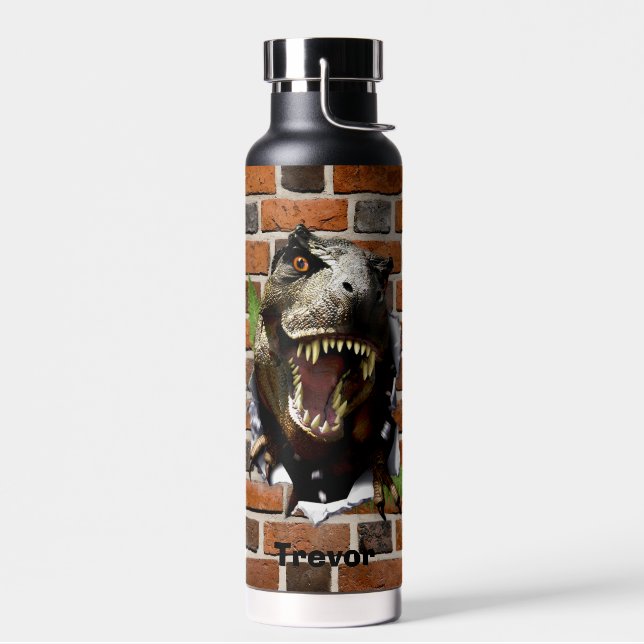 Dinosaur T-Rex Busting Out Personalise Name Water Bottle (Left)