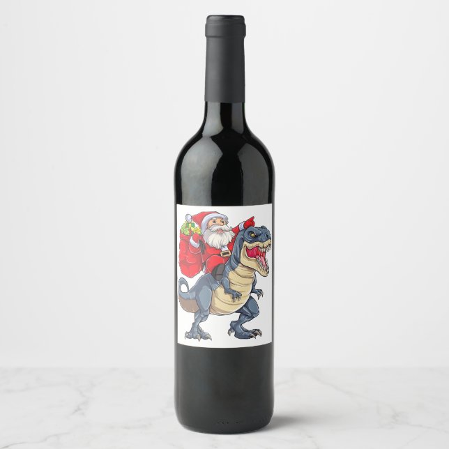 Dinosaur T rex Christmas Santa Boys Men Girls Xmas Wine Label (Front)