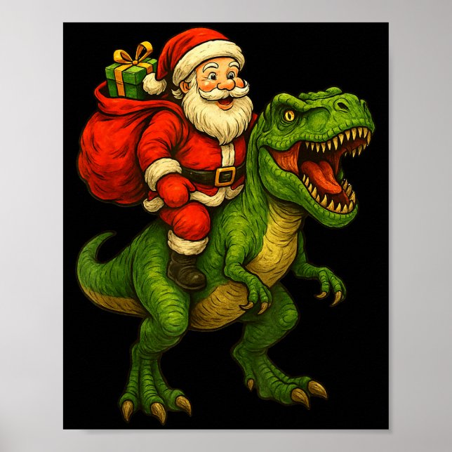 Dinosaur T Rex Christmas Santa Dinosaur Xmas Boys  Poster (Front)