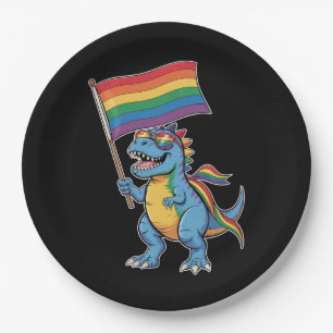 Dinosaur T Rex Gay Pride LGBTQ Ally Rainbow Flag Paper Plate