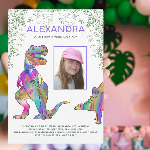 Dinosaur T-Rex Girls Birthday Party Purple Invitation