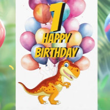 Dinosaur T Rex Gold 1st Birthday Balloons Card
