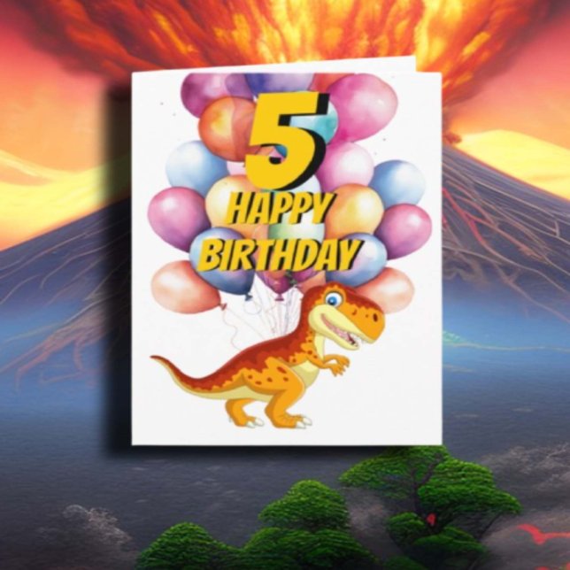 Dinosaur T Rex Gold 5th  Birthday Balloons Card (popular dinosaur gifts available on Zazzle)