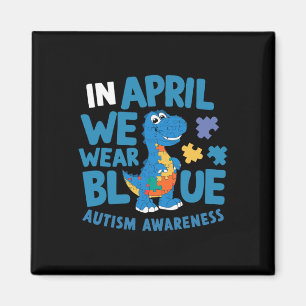 Dinosaur T-rex In April We Wear Blue Autism Awaren Magnet