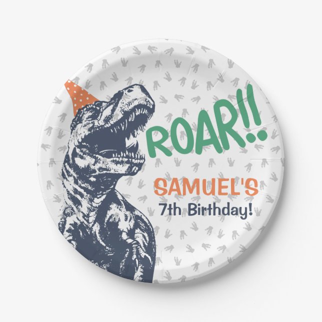 Dinosaur T-Rex in Party Hat Birthday Party Paper Plate (Front)