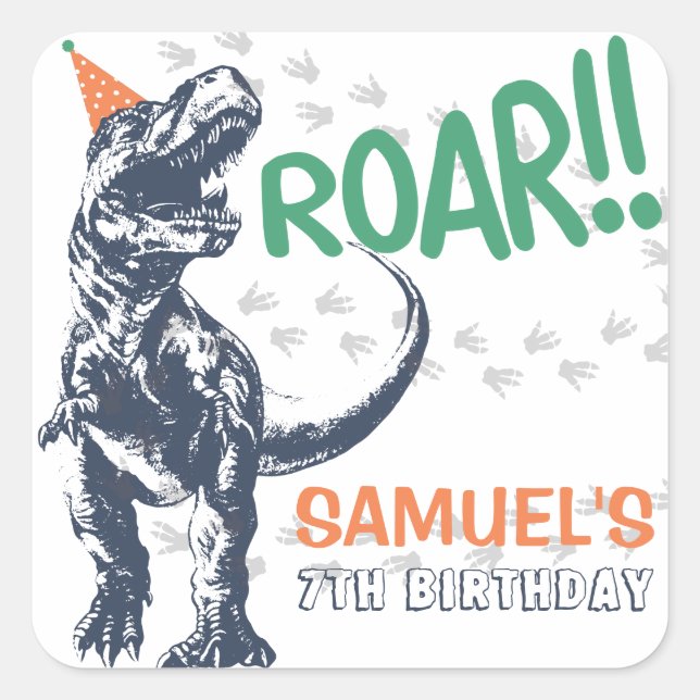 Dinosaur T-Rex in Party Hat Birthday Party Square Sticker (Front)