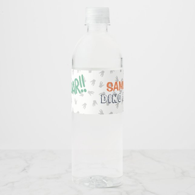 Dinosaur T-Rex in Party Hat Birthday Party Water Bottle Label (Front)