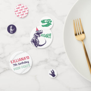 Dinosaur T-Rex in Party Hat Pink & Purple Birthday Confetti