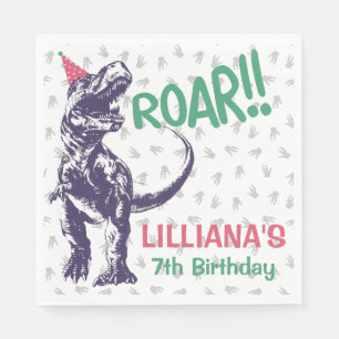 Dinosaur T-Rex in Party Hat Pink & Purple Birthday Napkin