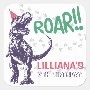 Dinosaur T-Rex in Party Hat Pink & Purple Birthday Square Sticker