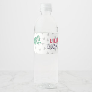 Dinosaur T-Rex in Party Hat Pink & Purple Birthday Water Bottle Label