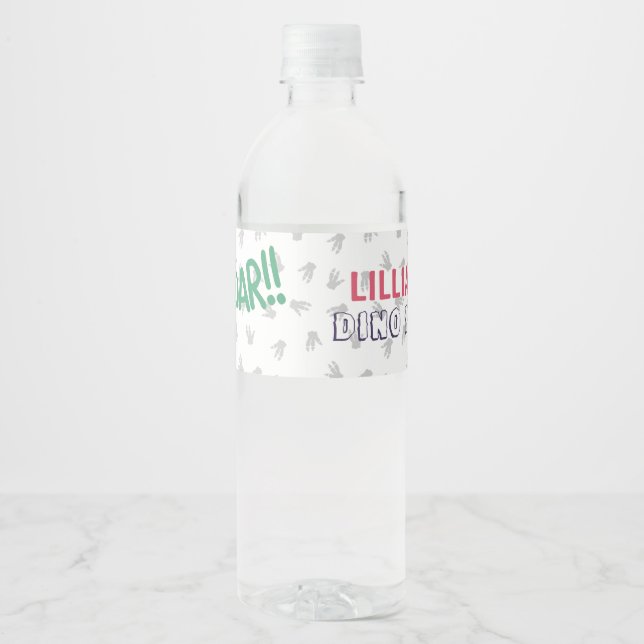 Dinosaur T-Rex in Party Hat Pink & Purple Birthday Water Bottle Label (Front)