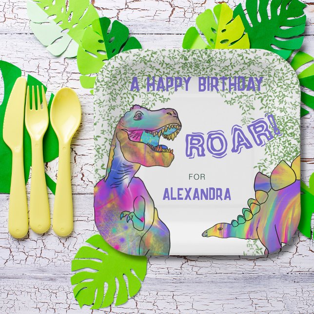Dinosaur T-Rex Jungle Birthday Party Purple Paper Plate (Colorful dinosaur roar girls Birthday party custom paper plate pink purple yellow T-Rex stegosaurus )