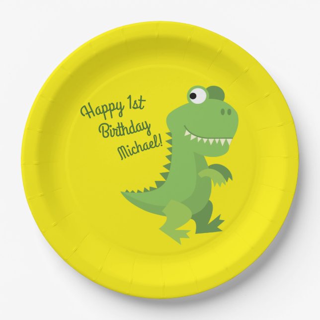 Dinosaur T-rex Kids 1st Birthday Dino Party Paper Plate (Front)