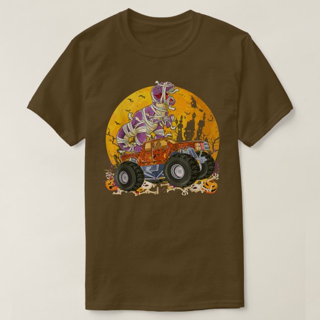 Dinosaur T Rex Mummy Pumpkin Riding Monster Truck  T-Shirt (Design Front)