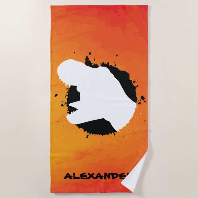 Dinosaur T-Rex Orange Attack Custom Name Beach Towel (Front)