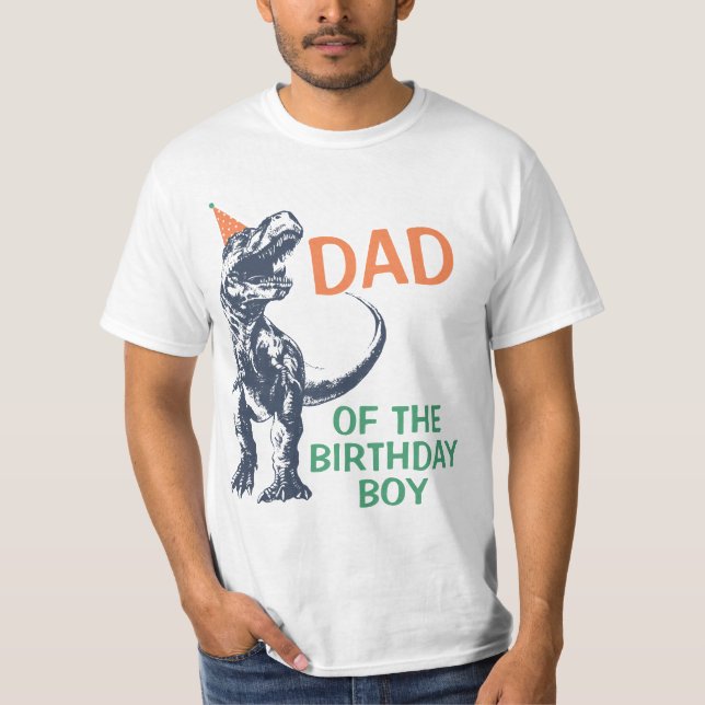 Dinosaur T-Rex Party Hat Dad of the BIrthday Boy T-Shirt (Front)