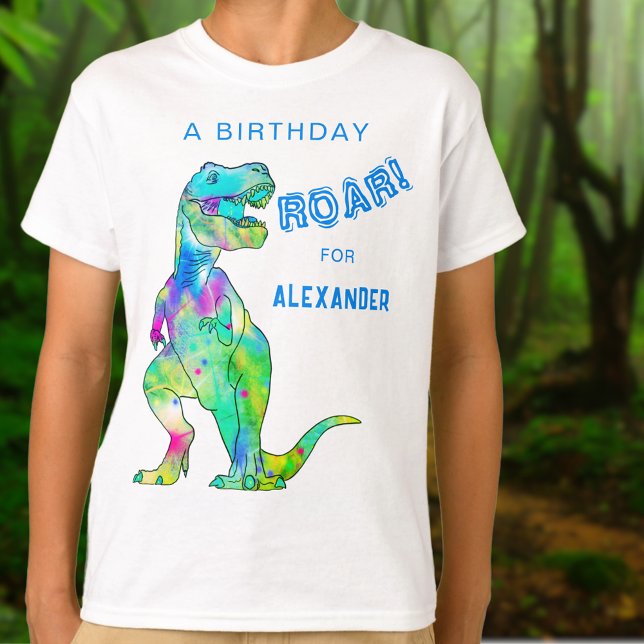 Dinosaur T-Rex Personalised Boys Birthday Party T-Shirt (Personalized boys dinosaur T-Rex roar birthday party T-shirt Colorful dino modern blue typography )