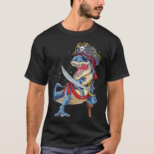 Dinosaur T Rex Pirate Jolly Roger Halloween  T-Shirt (Front)