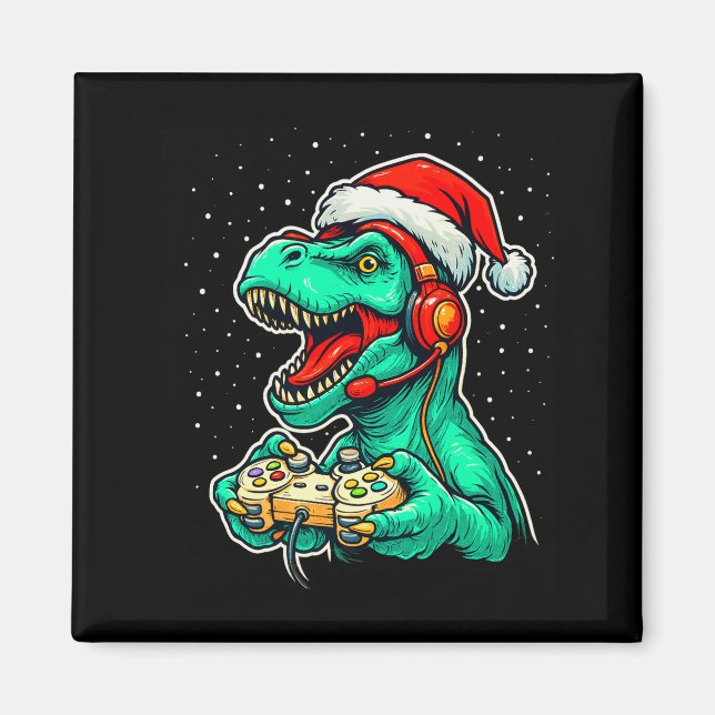 Dinosaur T Rex Playing Video Game Santa Hat Christ Magnet (Front)