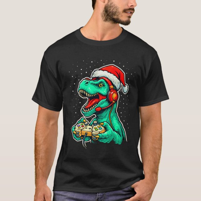 Dinosaur T Rex Playing Video Game Santa Hat Christ T-Shirt (Front)