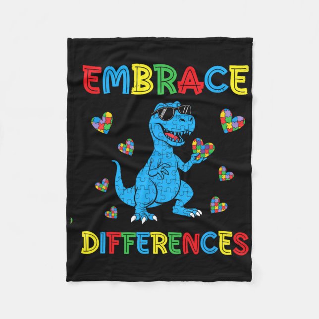 Dinosaur T-rex Puzzle Embrace Differences Autism A Fleece Blanket (Front)