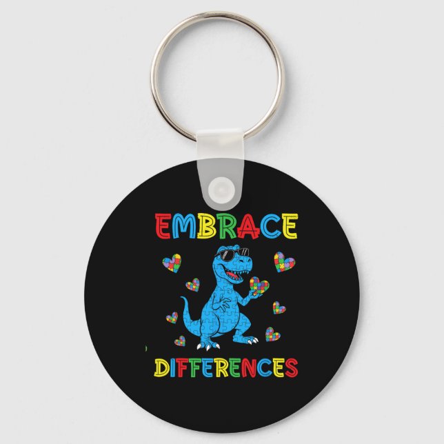 Dinosaur T-rex Puzzle Embrace Differences Autism A Key Ring (Front)