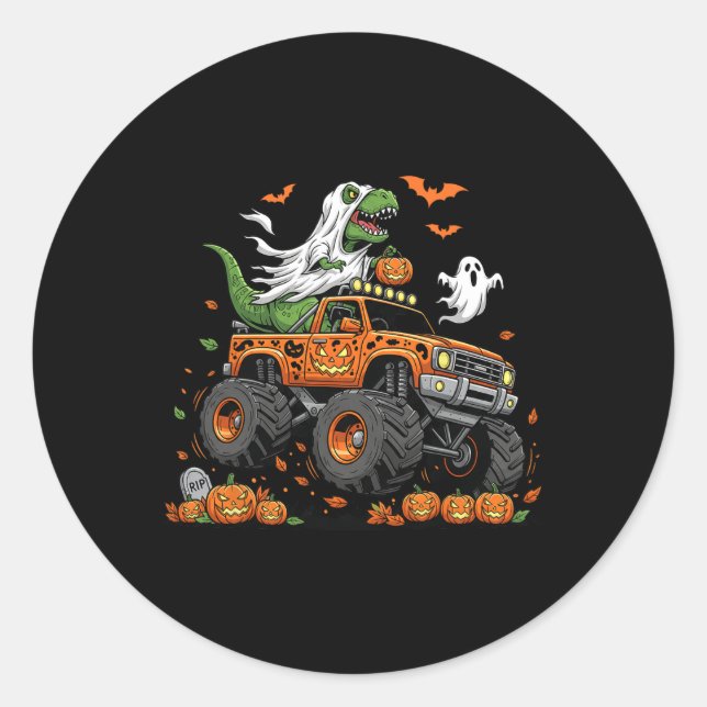 Dinosaur T-rex Riding Monster Truck Halloween Men  Classic Round Sticker (Front)