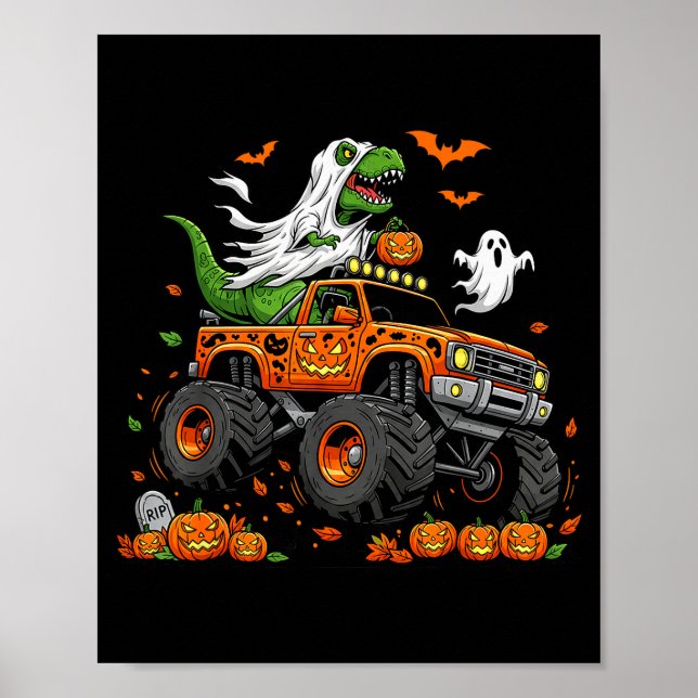 Dinosaur T-rex Riding Monster Truck Halloween Men  Poster (Front)