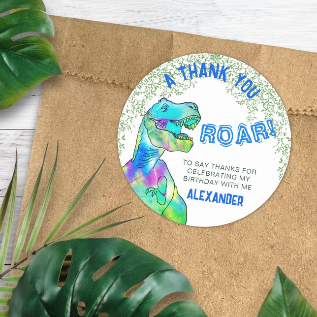 Dinosaur T-Rex Roar Birthday Party Thank You Classic Round Sticker (T-Rex Roar Dinosaur Birthday Party Thank You favor sticker personalized name)