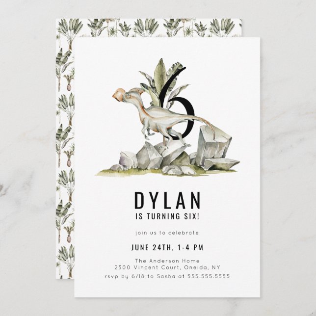 Dinosaur Theme 6th Birthday Party Invitation (Front/Back)