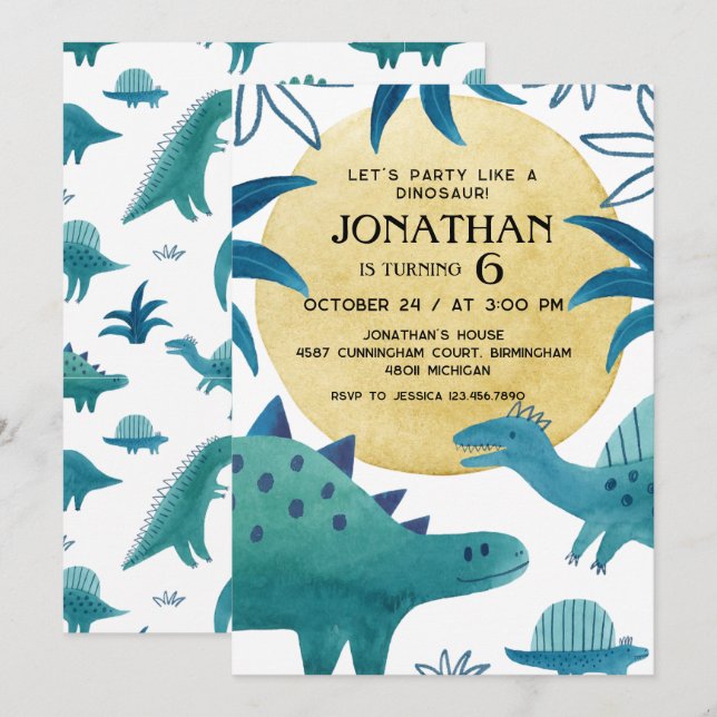 Dinosaur Theme Birthday Party Invitation (Front/Back)