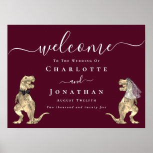 Dinosaur Theme Burgundy Wine Wedding Welcome Poster