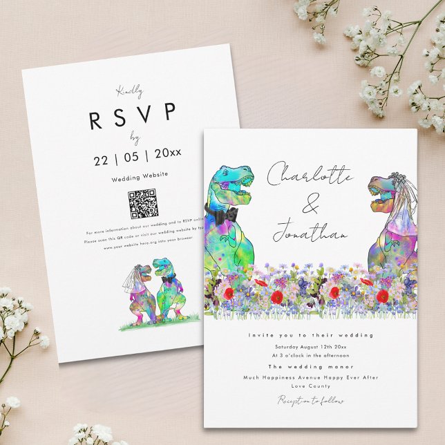 Dinosaur Theme Colourful Floral Wedding Invitation (Colorful wildflower boho dinosaur wedding invitation with qr code)
