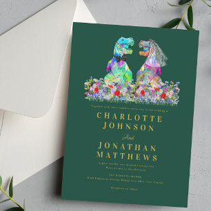 Dinosaur Theme Colourful Wildflower Green Wedding Invitation